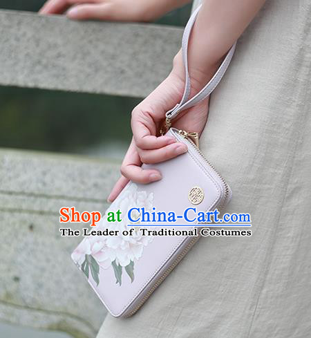 Traditional Handmade Asian Chinese Element Printing Peony Flowers Wallet National Handbag Lilac Purse for Women