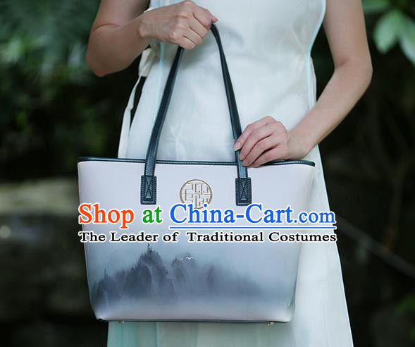 Traditional Handmade Asian Chinese Element Ink Painting Landscape Clutch Bags Shoulder Bag National Leather Handbag for Women