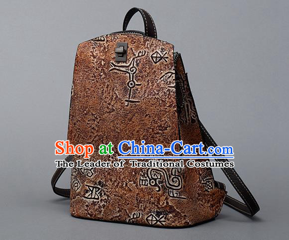 Traditional Handmade Asian Chinese Element Clutch Bags Backpack National Bronze Pattern Brown Leather Handbag for Women