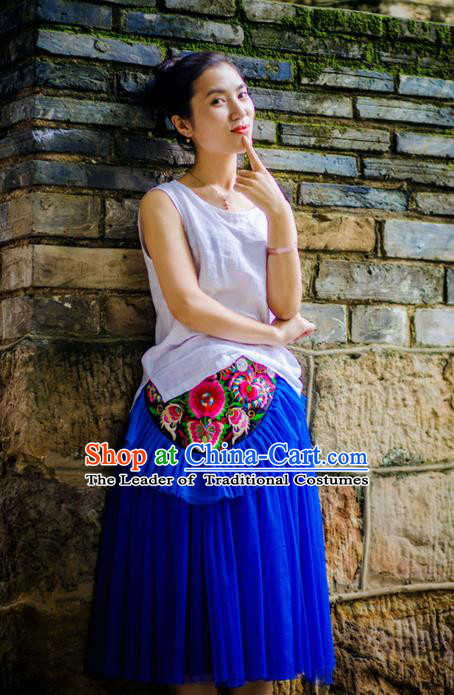 Traditional Handmade Chinese National Embroidery Miao Nationality Waist Pocket Blue Belt for Women