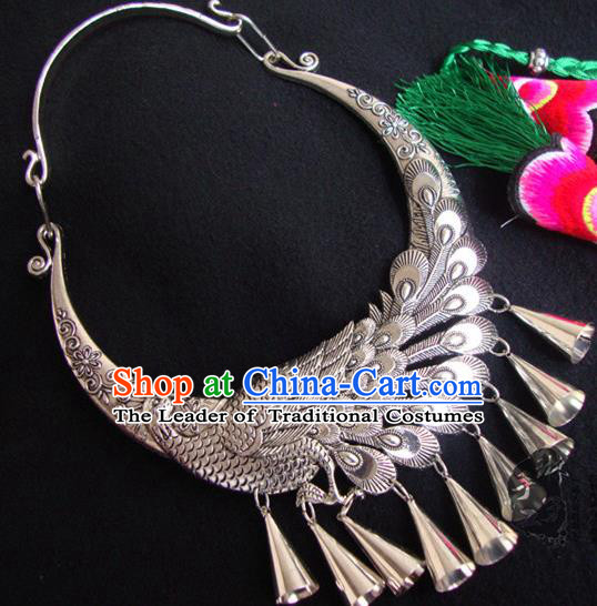 Traditional Handmade Chinese National Miao Nationality Silver Bells Peacock Necklace for Women