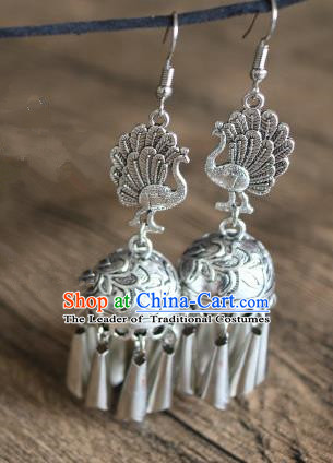Traditional Handmade Chinese National Miao Nationality Silver Tassel Peacock Earrings for Women
