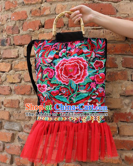 Traditional Handmade Chinese National Embroidery Bamboo Handle Bags Miao Nationality Embroidered Peony Red Handbag for Women