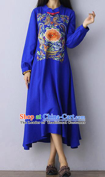 Traditional Chinese National Costume Linen Long Cheongsam Dress, Elegant Hanfu Tang Suit Embroidery Blue Dress for Women