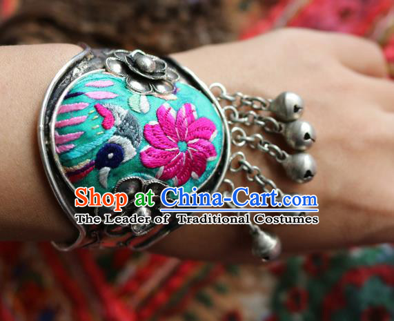 Traditional Handmade Chinese National Miao Nationality Sliver Bracelet Embroidery Bells Tassel Bangle for Women