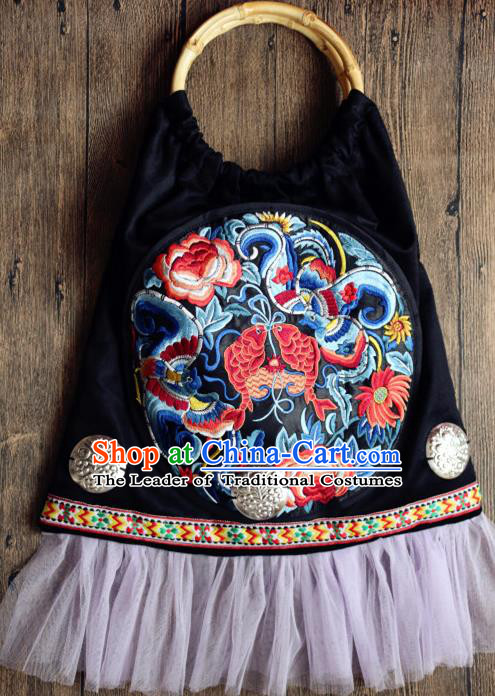 Traditional Handmade Chinese National Article Bags Embroidery Dragon Miao Nationality Bamboo Handle Handbag