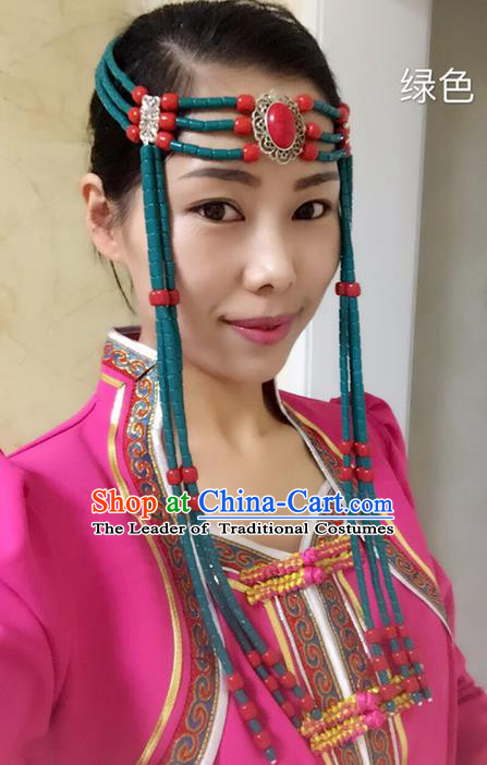 Traditional Handmade Chinese  Mongol Nationality Dance Hair Accessories Headwear, China Mongols Mongolian Minority Nationality Green Beads Tassel Headpiece for Women