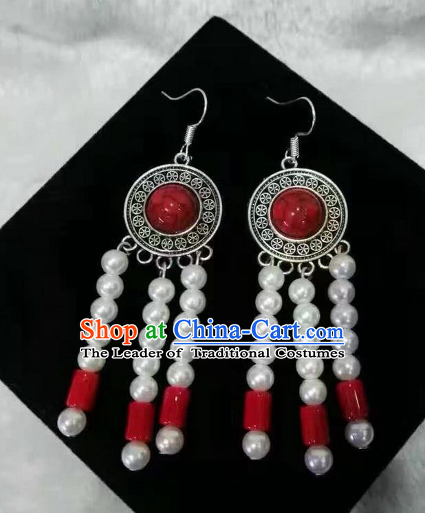 Traditional Handmade Chinese  Mongol Nationality Dance Accessories Red Earrings, China Mongols Mongolian Minority Nationality Princess White Pearls Tassel Eardrop for Women