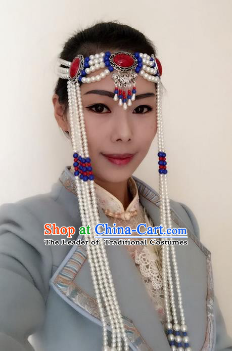 Traditional Handmade Chinese Mongol Nationality Dance White Beads Hair Accessories Headwear, China Mongols Mongolian Minority Nationality Bride Headpiece for Women