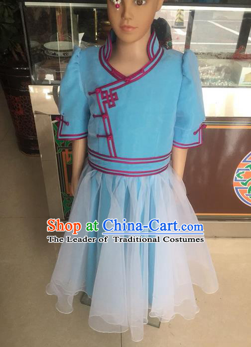 Traditional Chinese Mongol Nationality Dance Costume, Mongols Children Folk Dance Ethnic Robes, Chinese Mongolian Minority Nationality Embroidery Dress Clothing for Kids