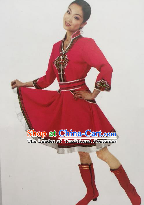 Traditional Chinese Mongol Nationality Dance Costume, China Mongolian Minority Nationality Rosy Dress Clothing for Women