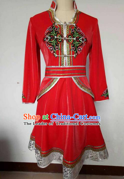Traditional Chinese Mongol Nationality Dance Costume, China Mongolian Minority Nationality Red Dress Clothing for Women