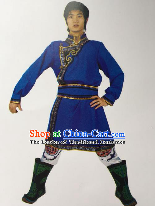 Traditional Chinese Mongol Nationality Dance Costume Handmade Royalblue Mongolian Robe, China Mongolian Minority Nationality Clothing for Men