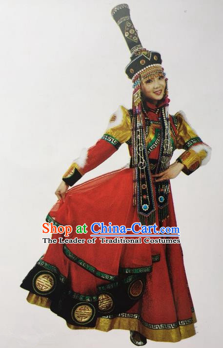 Traditional Chinese Mongol Nationality Dance Costume Handmade Bride Mongolian Robe, China Mongolian Minority Nationality Princess Dress Clothing for Women