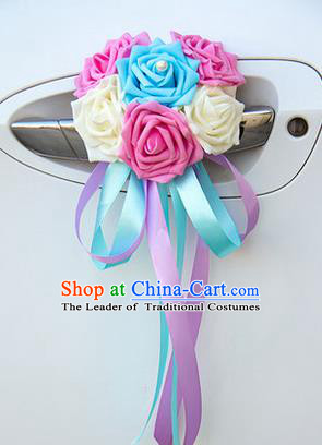 Top Grade Wedding Accessories Decoration, China Style Wedding Car Ornament Six Flowers Bride Pink White and Blue Rose Ribbon Garlands