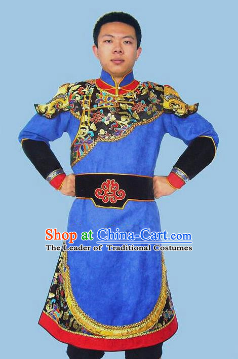 Traditional Chinese Mongol Nationality Dance Costume Handmade Blue Mongolian Robe, China Mongolian Minority Nationality Bridegroom Clothing for Men