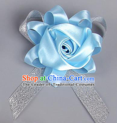 Top Grade Wedding Accessories Decoration Corsage, China Style Wedding Car Ornament Rose Flowers Bride Bridegroom Blue Ribbon Brooch