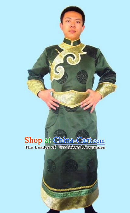 Traditional Chinese Mongol Nationality Dance Costume Handmade Green Mongolian Robe, China Mongolian Minority Nationality Bridegroom Clothing for Men