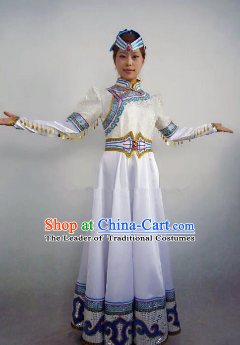 Traditional Chinese Mongol Nationality Dance Costume Handmade White Mongolian Robe, China Mongolian Minority Nationality Bride Dress Clothing for Women
