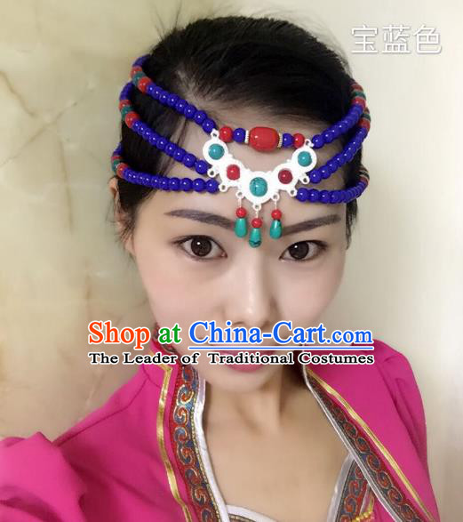 Traditional Handmade Chinese Mongol Nationality Handmade Royalblue Beads Headband, China Mongols Mongolian Minority Nationality Wedding Bride Tassel Headwear Headpiece for Women