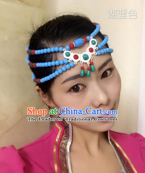 Traditional Handmade Chinese Mongol Nationality Handmade Blue Beads Headband, China Mongols Mongolian Minority Nationality Wedding Bride Tassel Headwear Headpiece for Women
