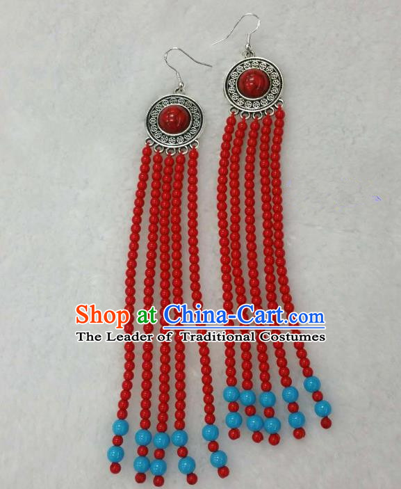 Traditional Handmade Chinese Mongol Nationality Handmade Beads Tassel Earrings, China Mongols Mongolian Minority Nationality Wedding Eardrop for Women