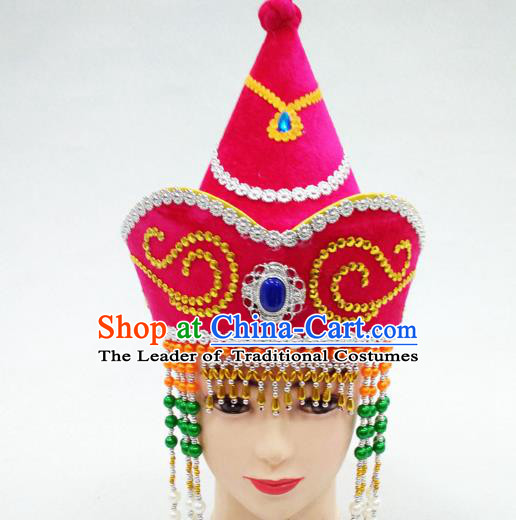 Traditional Handmade Chinese Mongol Nationality Handmade Princess Tassel Rosy Hat Hair Accessories, China Mongols Mongolian Minority Nationality Wedding Headwear for Women