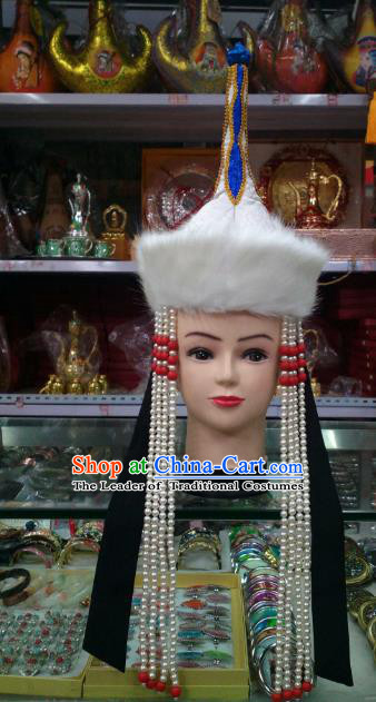Traditional Handmade Chinese Mongol Nationality Handmade Princess Pearls Tassel Hat Hair Accessories, China Mongols Mongolian Minority Nationality Wedding Headwear for Women