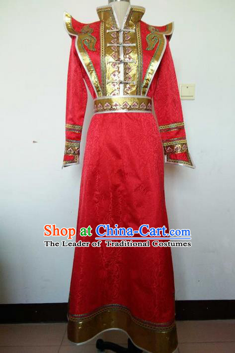 Traditional Chinese Mongol Nationality Dance Costume Handmade Red Wedding Mongolian Robe, China Mongolian Minority Nationality Bride Dress Clothing for Women