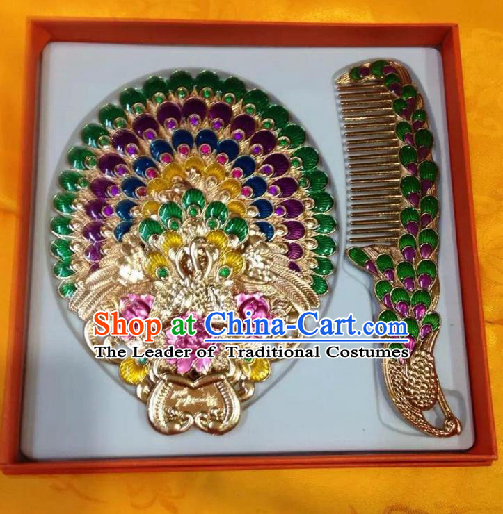 Traditional Handmade Chinese Mongol Nationality Crafts Hair Comb and Peacock Pocket Mirror, China Mongolian Minority Nationality Cloisonne Mirror for Women