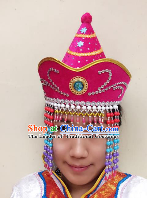 Traditional Handmade Chinese Mongol Nationality Dance Rosy Headwear Princess Hat, China Mongols Mongolian Minority Nationality Bride Tassel Headpiece for Women