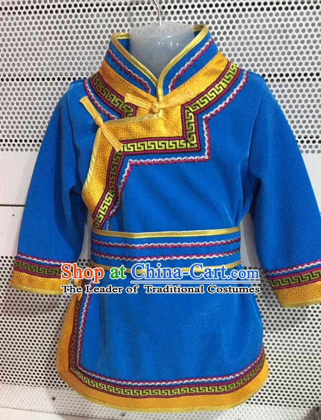 Traditional Chinese Mongol Nationality Dance Costume Handmade Embroidery Mongolian Robe, China Mongolian Minority Nationality Blue Dress for Kids