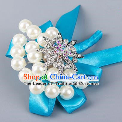 Top Grade Wedding Accessories Decoration Pearl Corsage, China Style Wedding Ornament Champagne Bride Bridegroom Blue Ribbon Crystal Brooch
