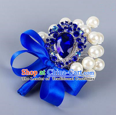 Top Grade Wedding Accessories Decoration Pearl Corsage, China Style Wedding Ornament Champagne Bride Bridegroom Royalblue Ribbon Crystal Brooch