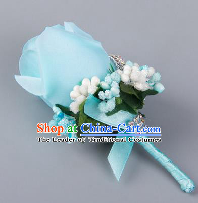 Top Grade Wedding Accessories Decoration Flower Corsage, China Style Wedding Ornament Champagne Bridegroom Blue Rose Brooch