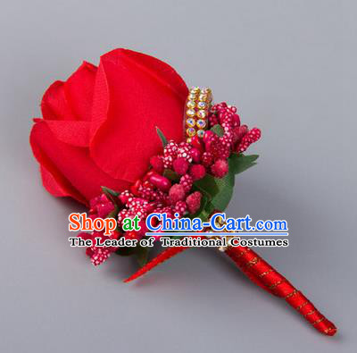 Top Grade Wedding Accessories Decoration Flower Corsage, China Style Wedding Ornament Champagne Bridegroom Red Rose Brooch