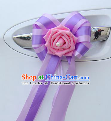 Top Grade Wedding Accessories Decoration, China Style Wedding Car Bowknot Pink Flowers Bride Purple Long Ribbon Garlands Ornaments
