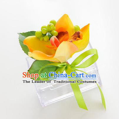 Top Grade Classical Wedding Yellow Silk Flowers,Groom Emulational Corsage Groomsman Brooch Flowers for Men