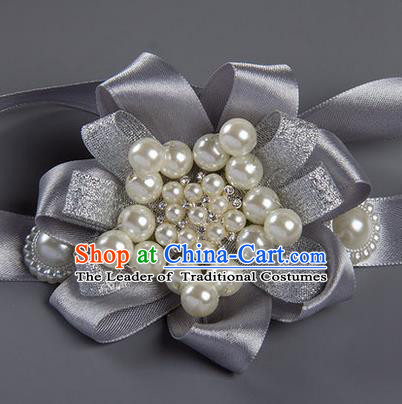 Top Grade Classical Wedding Pearl Grey Ribbon Bangle, Bride Emulational Wrist Flowers Bridesmaid Bracelet Flowers for Women