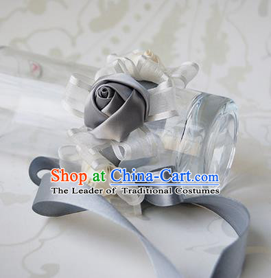 Top Grade Classical Wedding Grey Ribbon Silk Flowers, Bride Emulational Wrist Flowers Bridesmaid Bracelet Flowers for Women