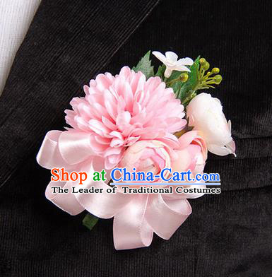 Top Grade Classical Wedding Pink Ribbon Silk Flowers,Groom Emulational Corsage Groomsman Brooch Flowers for Men