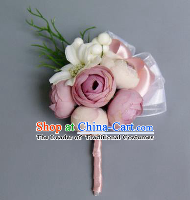 Top Grade Classical Wedding Pink Silk Flowers,Groom Emulational Corsage Brooch Flowers for Men