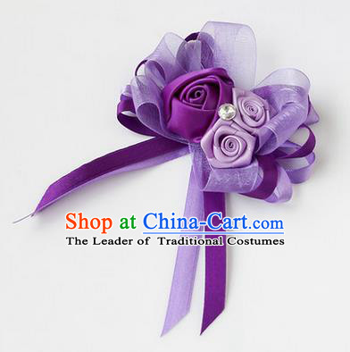 Top Grade Classical Wedding Ribbon Flowers, Bride Emulational Corsage Bridesmaid Purple Bowknot Brooch Flowers for Women
