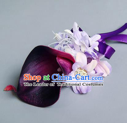 Top Grade Classical Wedding Purple Silk Common Callalily Flowers,Groom Emulational Corsage Groomsman Brooch Flowers for Men