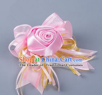 Top Grade Classical Wedding Pink Silk Rose Flowers, Bride Emulational Corsage Bridesmaid Bowknot Ribbon Brooch Flowers for Women