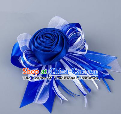 Top Grade Classical Wedding Royalblue Silk Rose Flowers, Bride Emulational Corsage Bridesmaid Bowknot Ribbon Brooch Flowers for Women