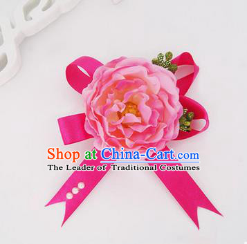 Top Grade Classical Wedding Pink Silk Flowers, Bride Emulational Corsage Bridesmaid Bowknot Ribbon Brooch Rose Flowers for Women