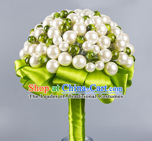 Top Grade Classical Wedding Bride Green Ribbon Holding Emulational Crystal Flowers Ball, Hand Tied Bouquet Pearls Flowers for Women