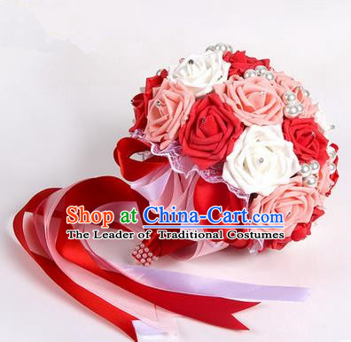 Top Grade Classical Wedding Pink and Red Silk Rose Flowers, Bride Holding Emulational Flowers, Hand Tied Bouquet Pearl Flowers for Women