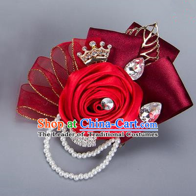 Top Grade Classical Wedding Red Ribbon Flowers, Bride Emulational Crystal Wrist Flowers Bridesmaid Beads Bracelet Flowers for Women